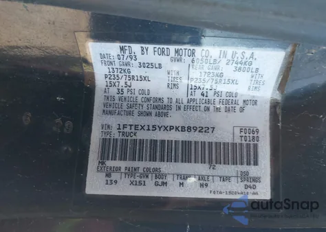 1993 Ford F150 from USA, damaged, VIN 1FTEX15YXPKB89227